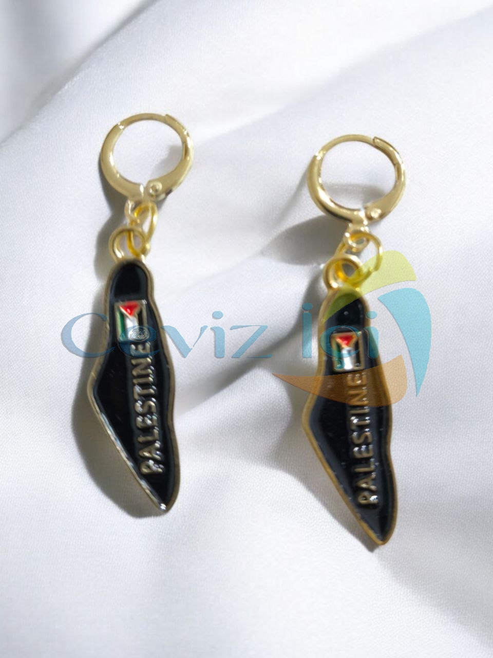 Filistin Bayraklı Çelik Uçlu Küpe Siyah