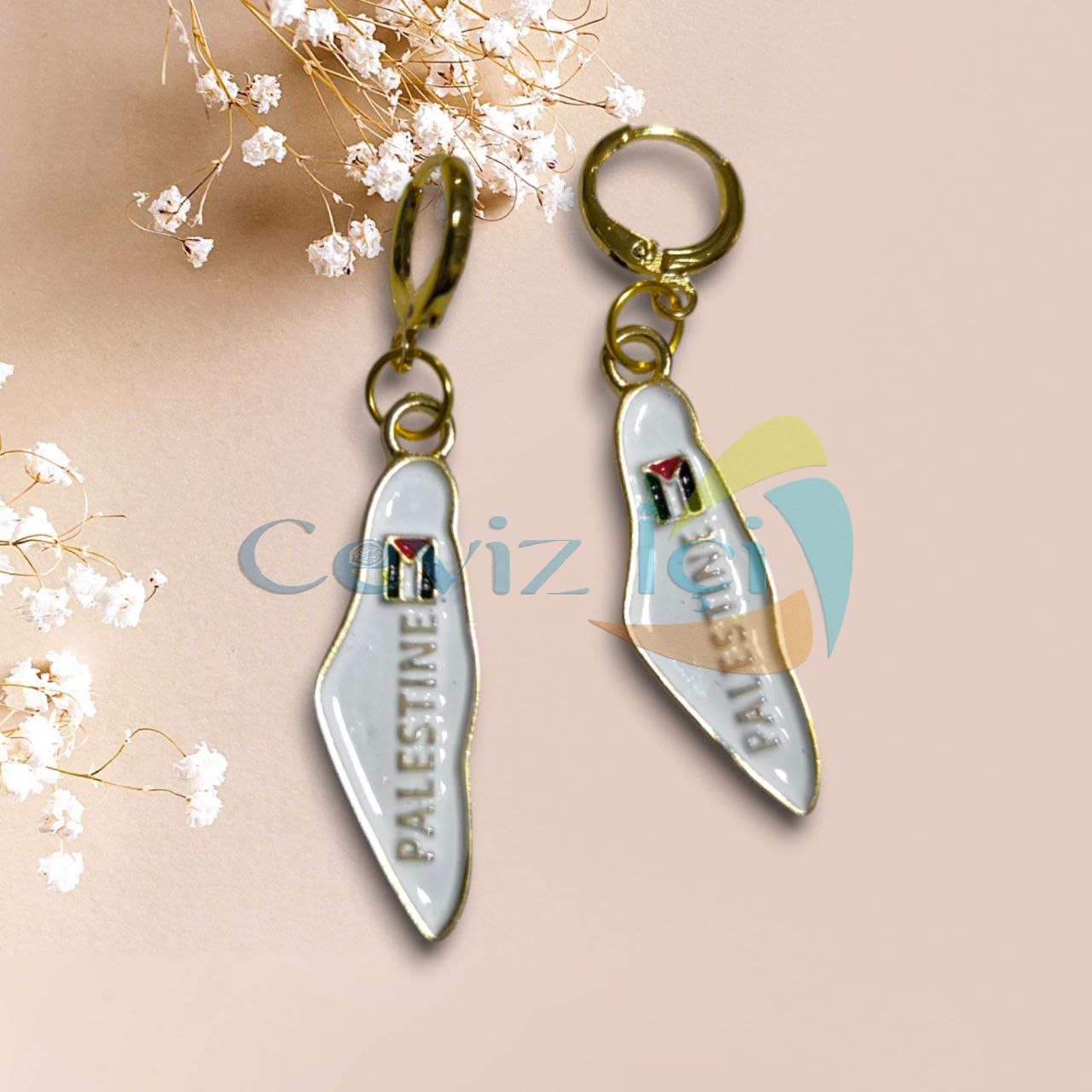 Filistin Bayraklı Çelik Uçlu Küpe Beyaz