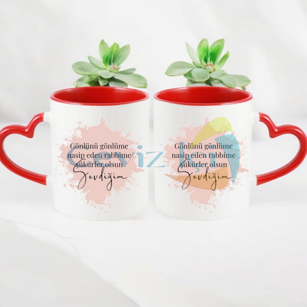 Kalpli İçi Kırmızı İkili Sevgili Kupası Porselen