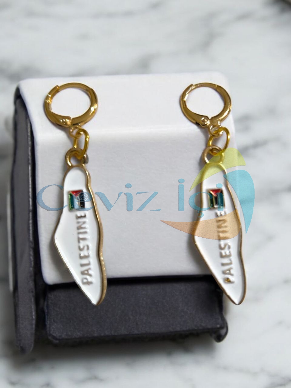 Filistin Bayraklı Çelik Uçlu Küpe Beyaz