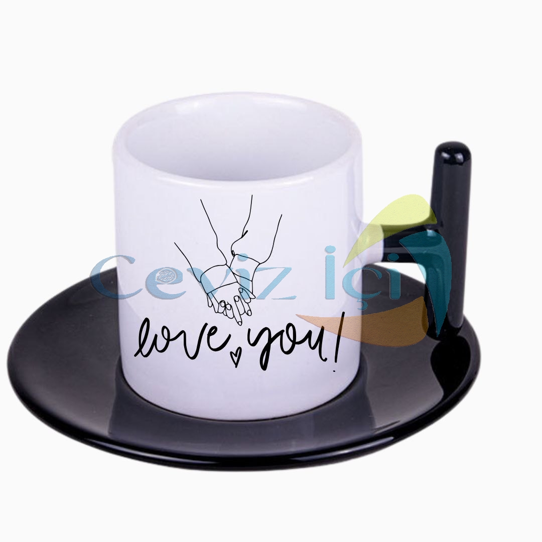 T Kulplu Tabaklı Porselen Kahve Fincanı