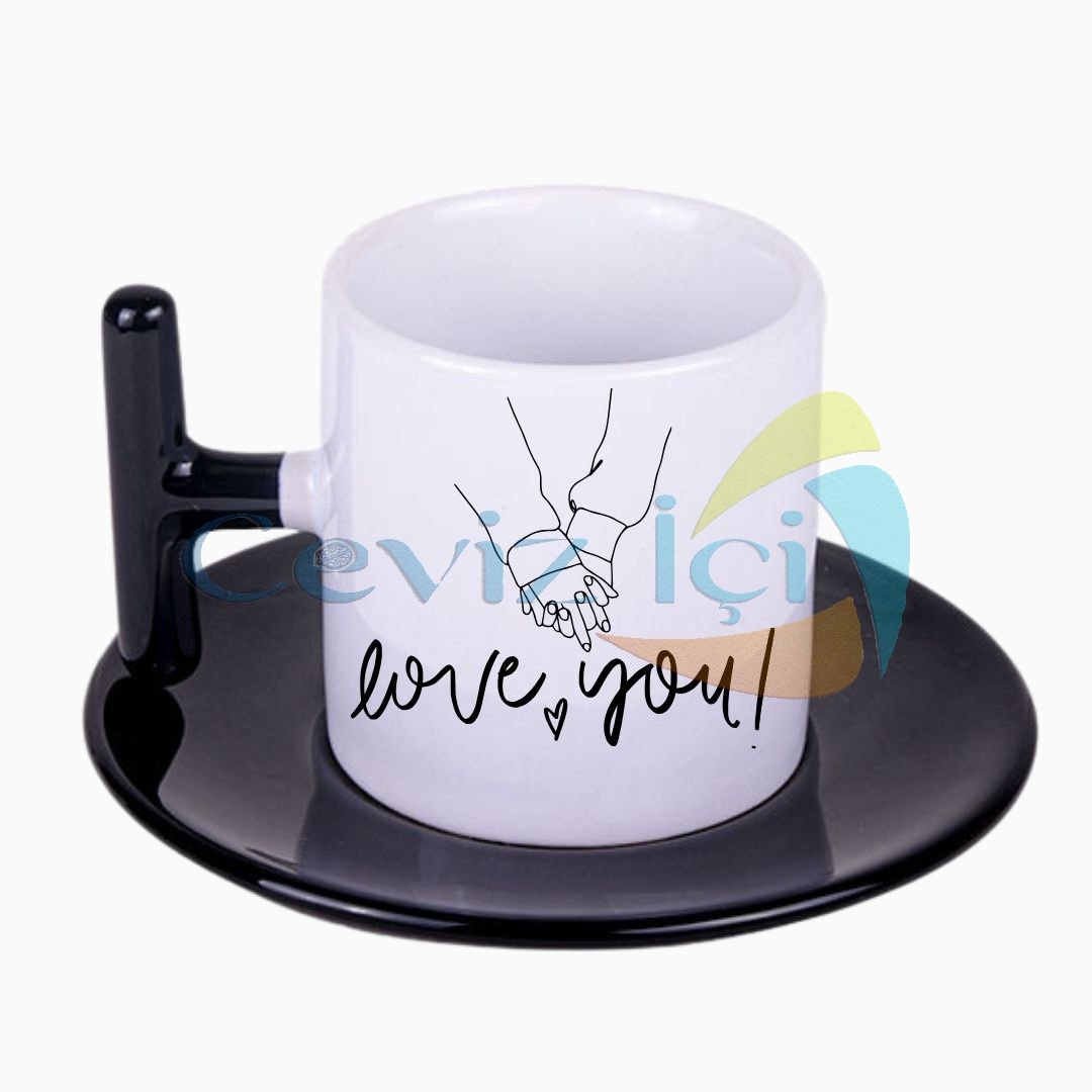 T Kulplu Tabaklı Porselen Kahve Fincanı
