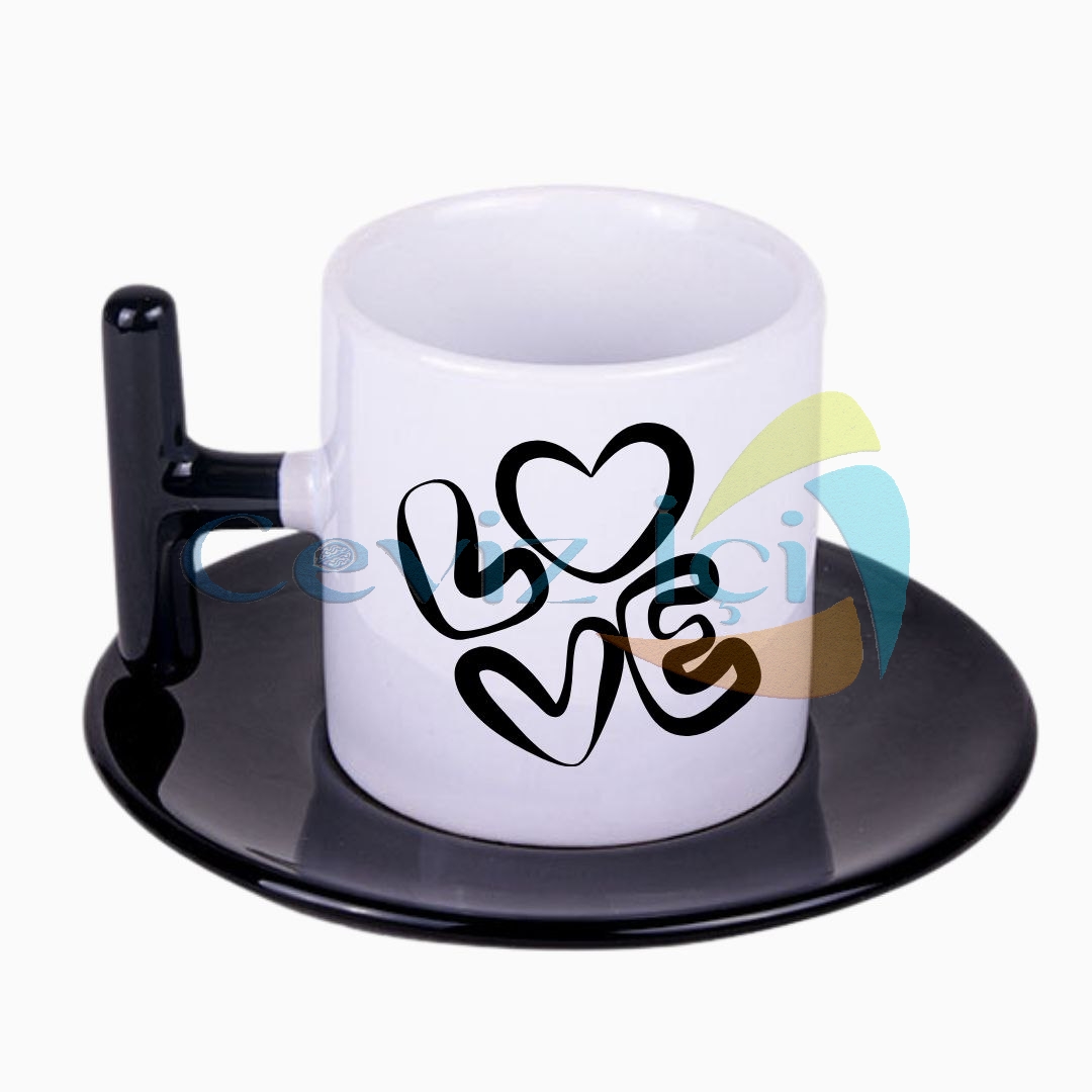 T Kulplu Tabaklı Porselen Kahve Fincanı