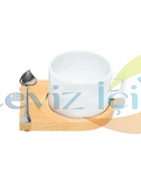 Ahşap Altlık ve Kaşıklı Porselen Fincan