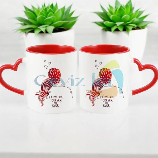 Kalpli İçi Kırmızı İkili Sevgili Kupası Porselen